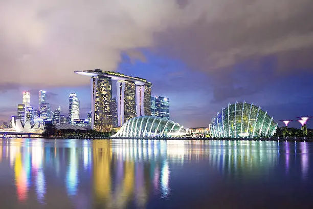 Elegant fine dining restaurant within Marina Bay Sands, overlooking the waterfront with a stunning view of the city skyline, offering exquisite culinary experiences.