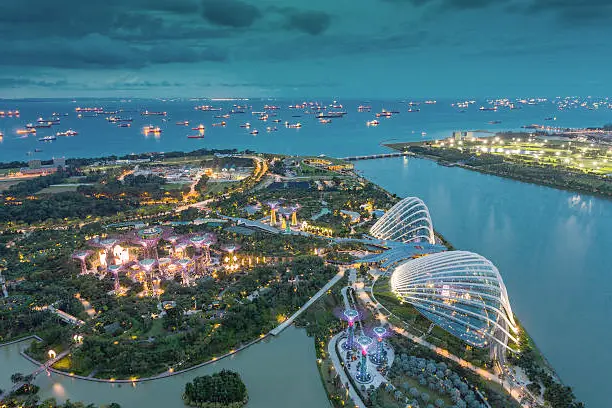 Visitors enjoying the attractions of Canopy Park at Jewel Changi Airport in Singapore, walking amidst the clouds on suspension bridges and bouncing nets amidst lush greenery.